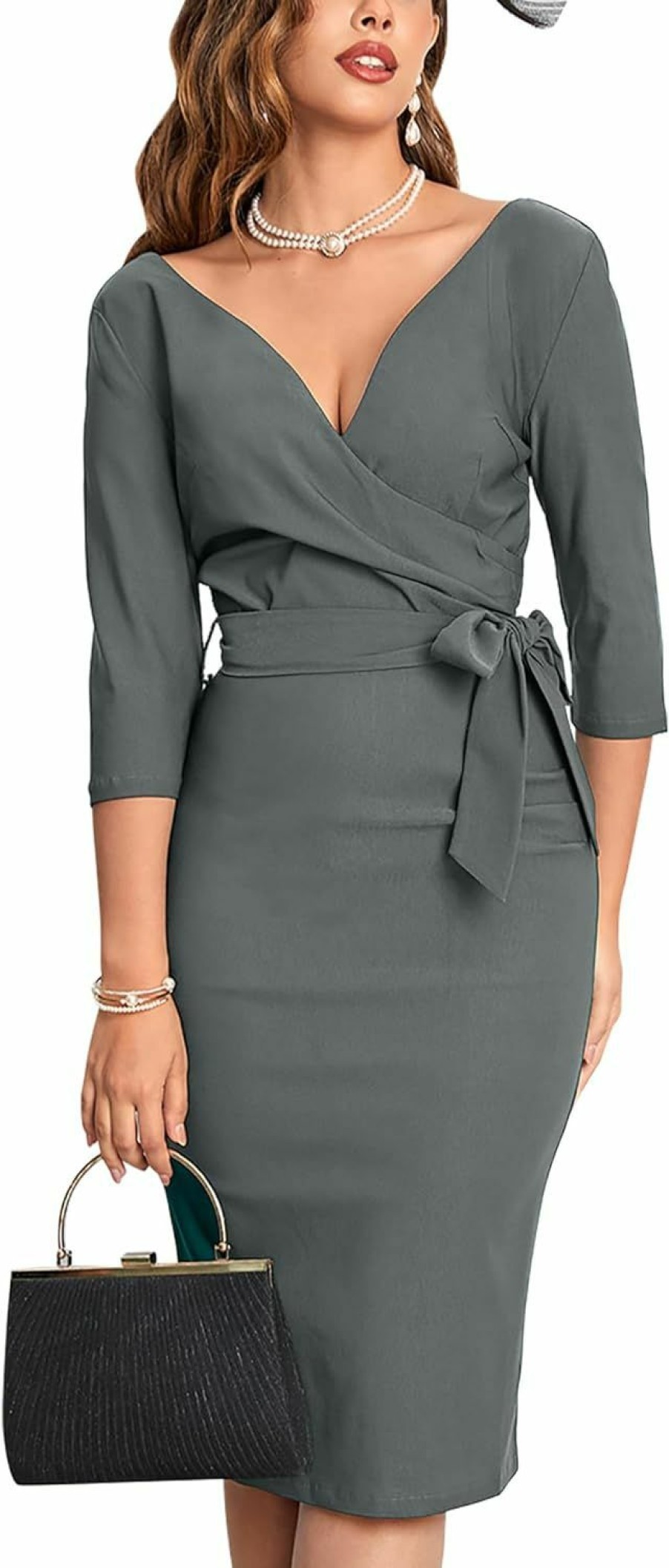 Hot MUXXN Muxxn Women'S Vintage Faux Wrap V Neck 3/4 Sleeve Formal Classic Party Work Dress With Belt