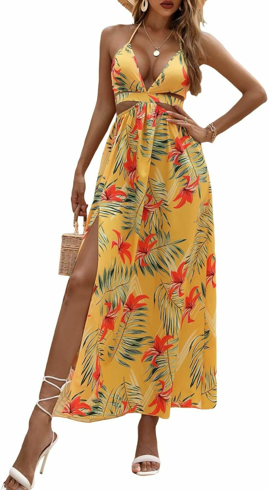 Online MakeMeChic Makemechic Women'S Floral Halter Deep V Neck Tie Open Back High Slit A Line Cami Summer Maxi Dress