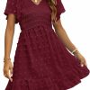 New TECREW Tecrew Womens Smocked Short Sleeve V Neck Mini Dress Summer Swiss Dot Flowy Short Dress