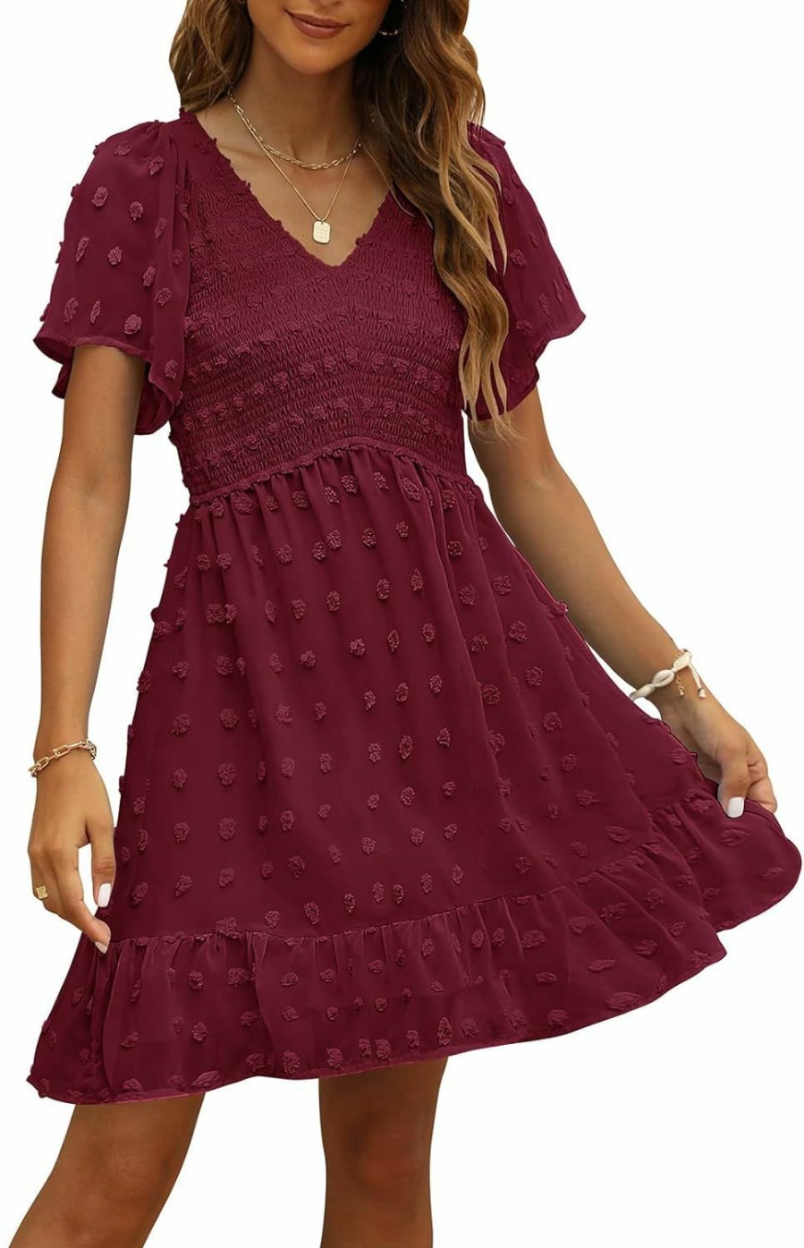 New TECREW Tecrew Womens Smocked Short Sleeve V Neck Mini Dress Summer Swiss Dot Flowy Short Dress