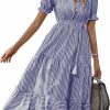 Hot Sexyasasii Sexyasasii Women'S Summer Ruffle Puff Sleeve Dress Short Sleeve V Neck High Waist Casual Loose Striped Midi Dresses