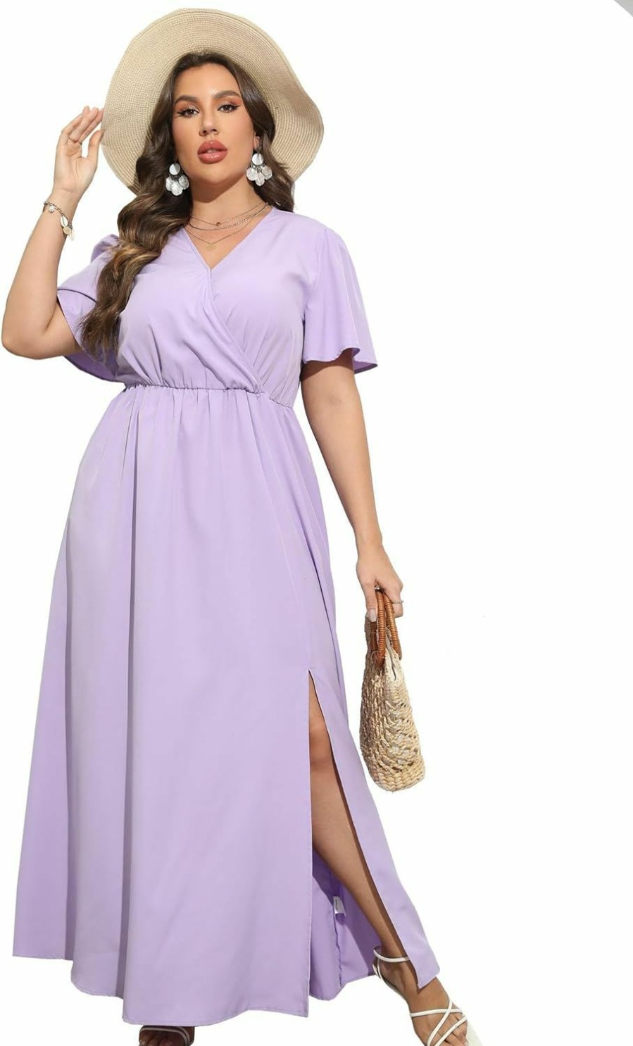 Best KOJOOIN Kojooin Women Plus Size Wrap Maxi Dress Short Flutter Sleeves Empire Waist Split A Line Boho Casual Dress