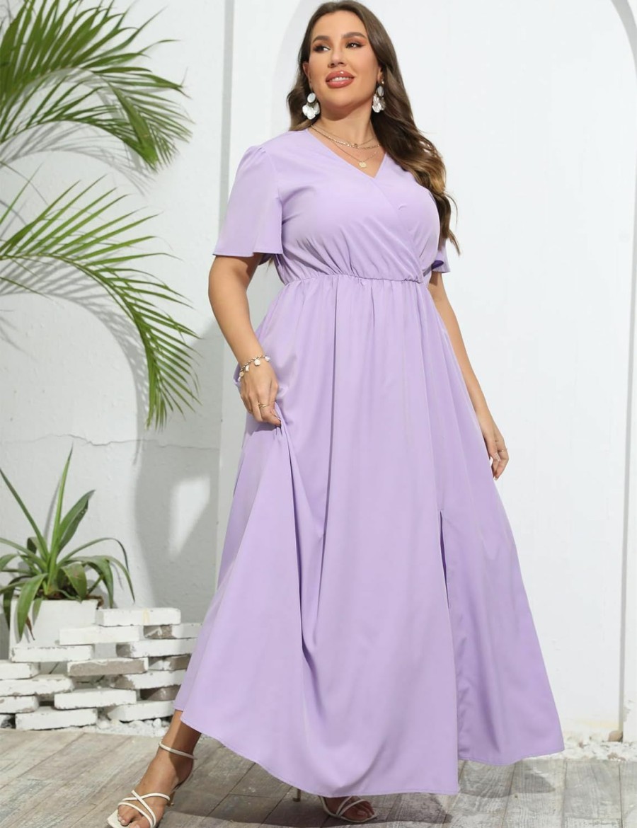 Best KOJOOIN Kojooin Women Plus Size Wrap Maxi Dress Short Flutter Sleeves Empire Waist Split A Line Boho Casual Dress