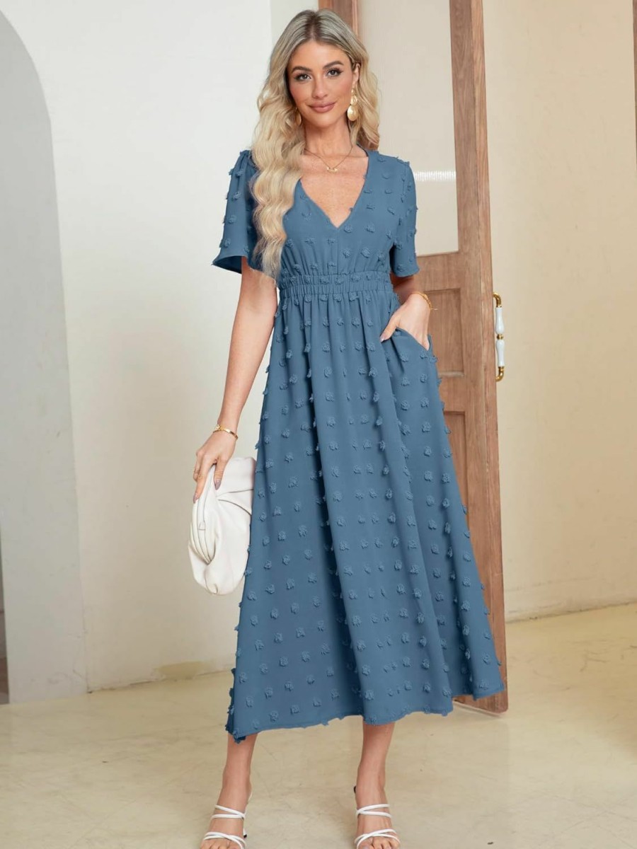 Best Simplee Apparel Simplee Womens Boho Maxi Dress Summer Wedding Guest Short Sleeve V Neck Swiss Dot Flowy Dresses