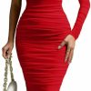 New LAGSHIAN Lagshian Women'S Elegant Bodycon One Shoulder Long Sleeve Ruched Midi Cocktail Party Dress