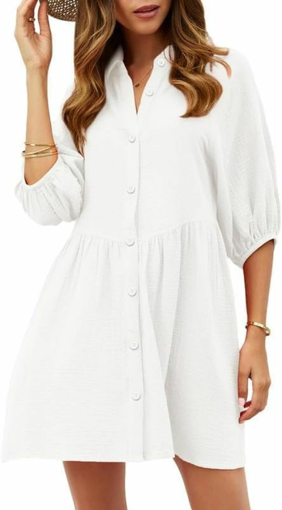 Best Dokotoo Dokotoo Women'S Summer Dress V Neck 3/4 Puff Sleeve Button Down Cotton Shirts Dresses