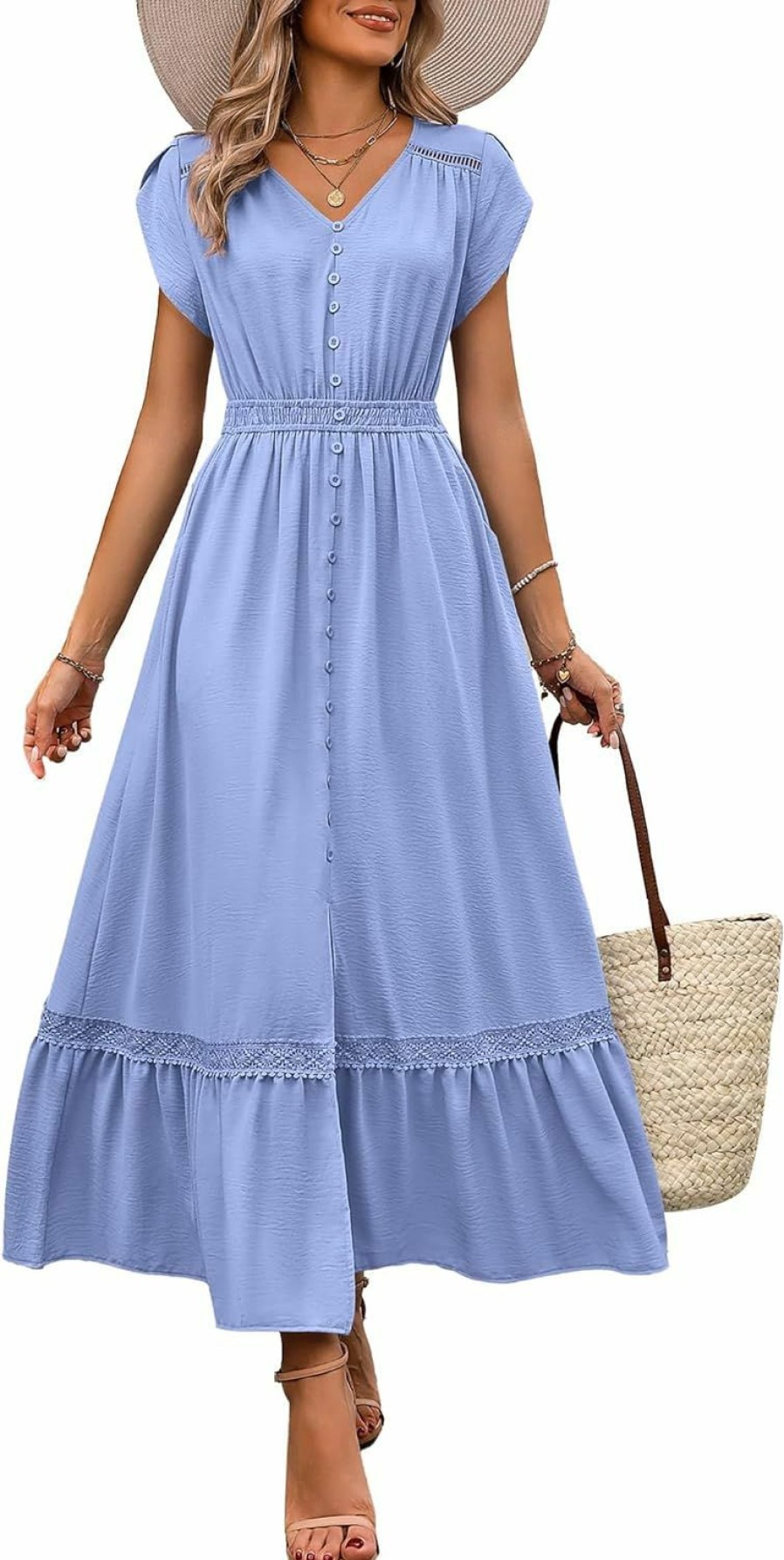 Wholesale dowerme Dowerme Women Summer Dresses 2024 Petal Sleeve V Neck Hallow Out Button Down Smocked A-Line Lace Flowy Slit Maxi Dress