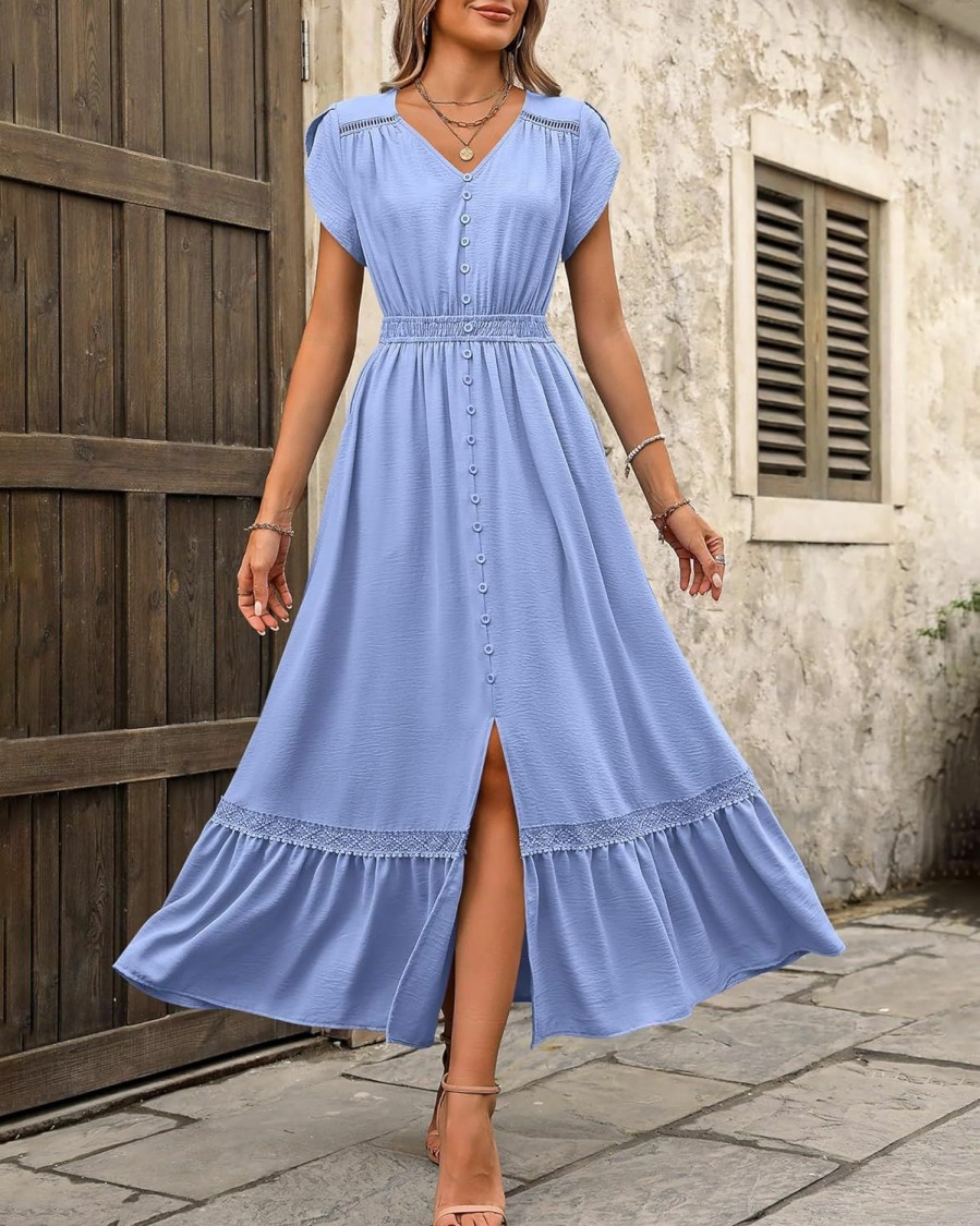 Wholesale dowerme Dowerme Women Summer Dresses 2024 Petal Sleeve V Neck Hallow Out Button Down Smocked A-Line Lace Flowy Slit Maxi Dress