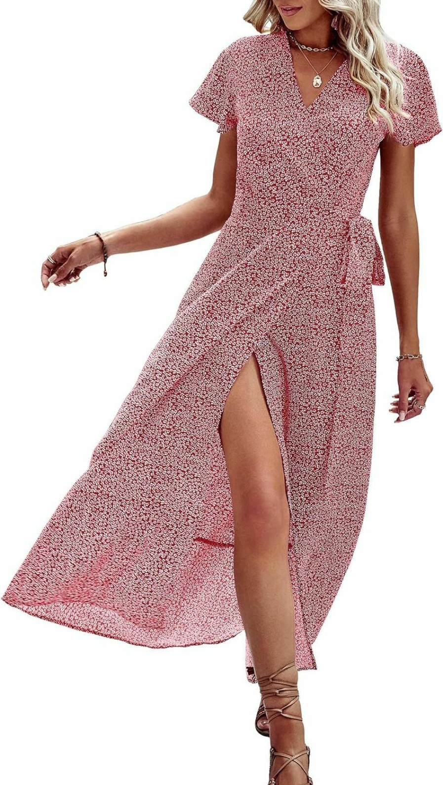 Online PRETTYGARDEN Prettygarden Women Boho Summer Side Split Deep V Neck Short Sleeves Maxi Dress With Belt