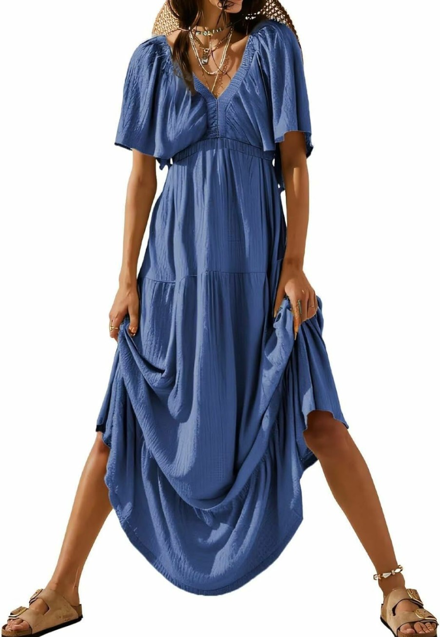 Clearance Acelitt Acelitt Women Casual V Neck Short Sleeve Tiered Long Maxi Dress,S-Xxl