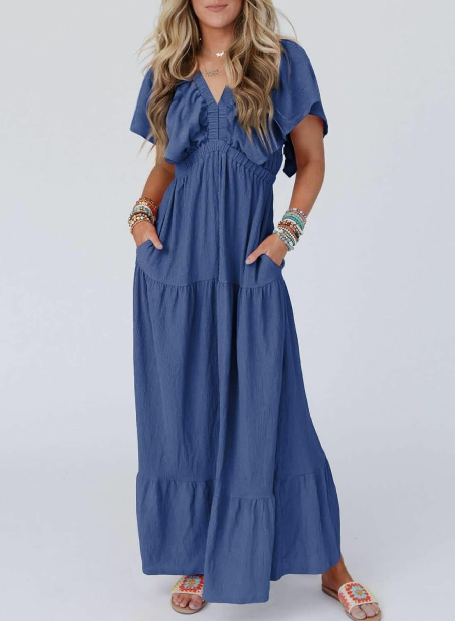 Clearance Acelitt Acelitt Women Casual V Neck Short Sleeve Tiered Long Maxi Dress,S-Xxl