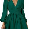 Clearance TOMYRESON Womens 2023 Deep V Neck Long Sleeve Mini Dress For Women High Rise A-Line Dress Elastic Waist Casual Flowy Dress