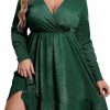 New IN'VOLAND In'Voland Plus Size Womens Glitter Dress V Neck Long Sleeve Ruffle Hem Swing Club Cocktail Party Dresses