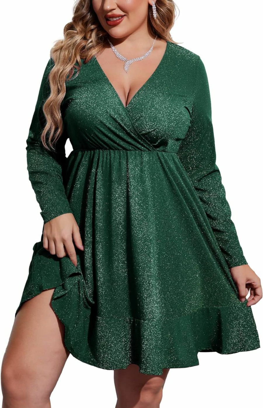 New IN'VOLAND In'Voland Plus Size Womens Glitter Dress V Neck Long Sleeve Ruffle Hem Swing Club Cocktail Party Dresses