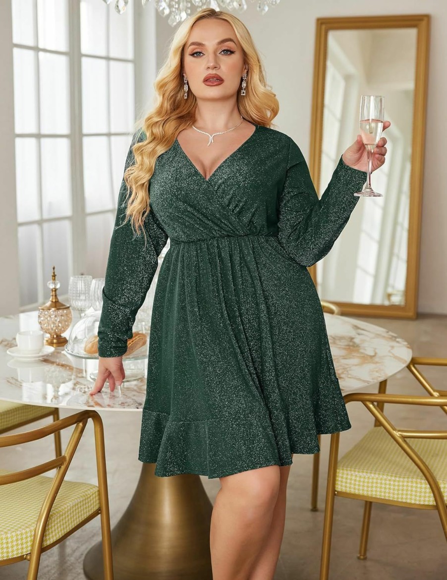 New IN'VOLAND In'Voland Plus Size Womens Glitter Dress V Neck Long Sleeve Ruffle Hem Swing Club Cocktail Party Dresses