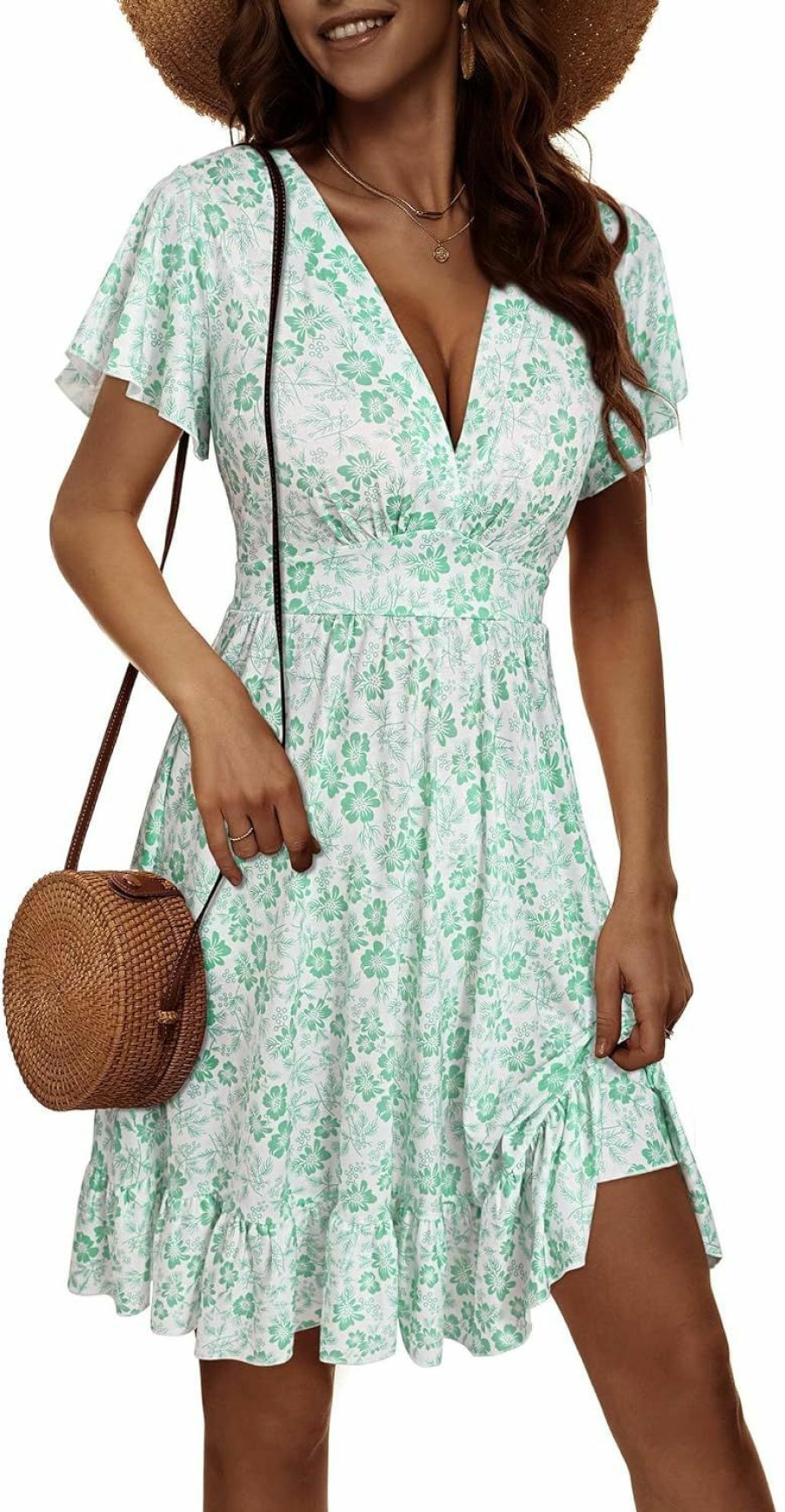 Online TORARY Torary Womens Summer Dresses 2024 Floral Cap Sleeve Wrap V Neck Ruffle A-Line Sun Dress