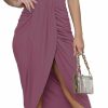 Best LYANER Lyaner Women'S V Neck Ruched Wrap Slit Hem Sleeveless Spaghetti Strap Midi Bodycon Dress