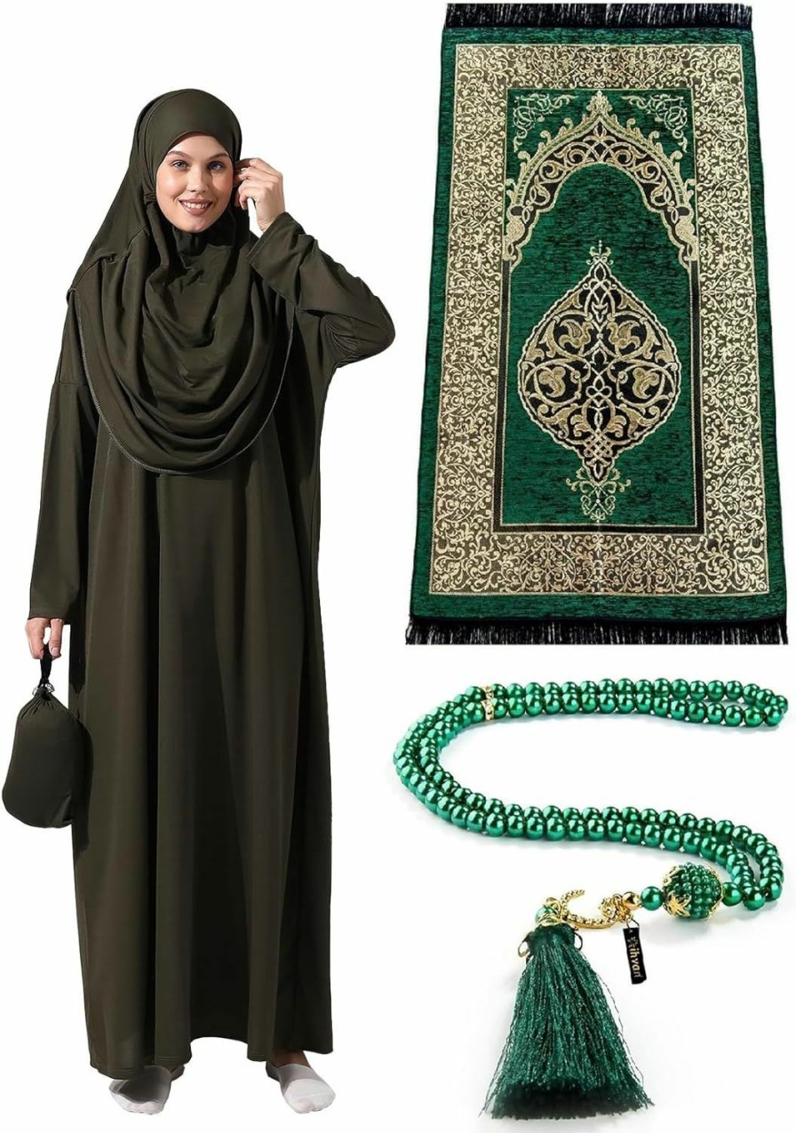 Online ihvan online Muslim Dresses For Women, One-Piece Long Sleeve Islamic Prayer Dress & Prayer Rug & Beads, Islamic Set