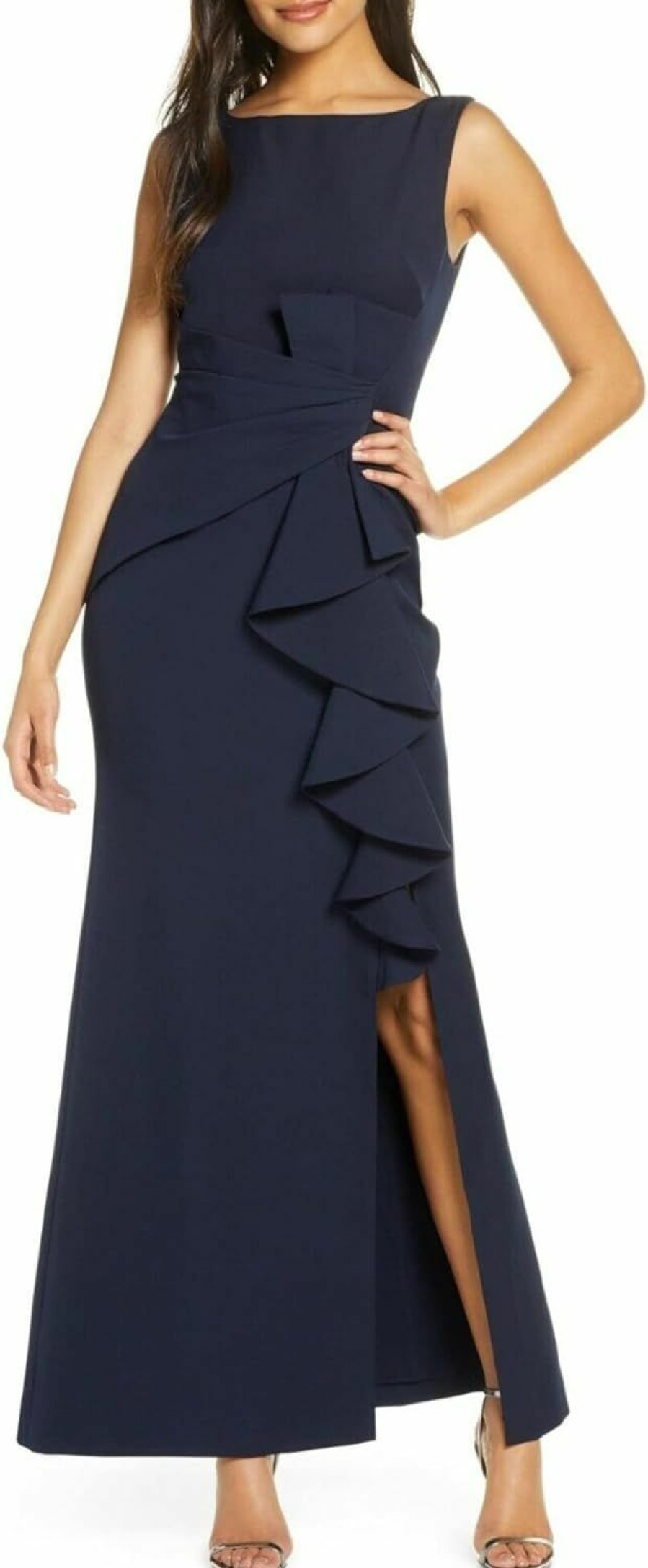 New Betsy & Adam Betsy & Adam Women'S Long Sleeveless Boat Neck Ruffle Side Slit Scuba Crepe Gown