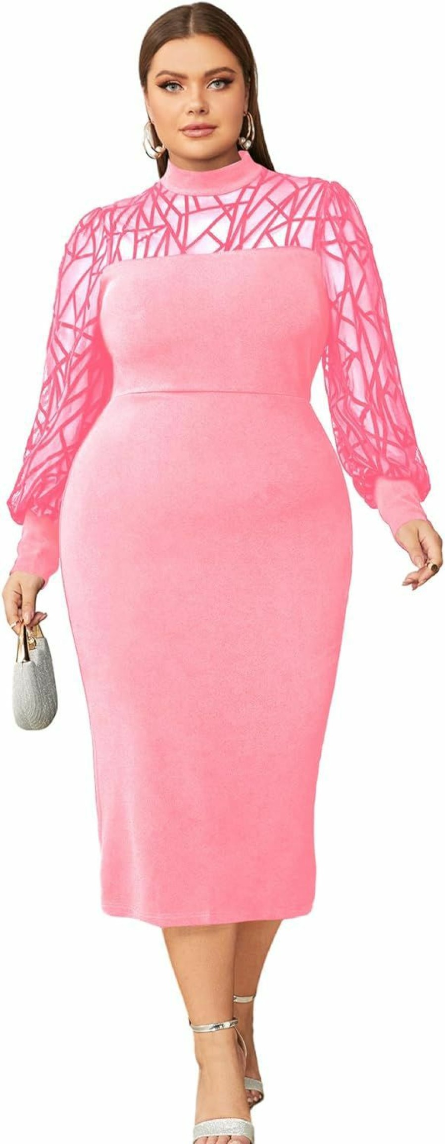 Hot WDIRARA Wdirara Women'S Plus Size Mesh Bishop Long Sleeve Mock Neck Split Back Maxi Dress