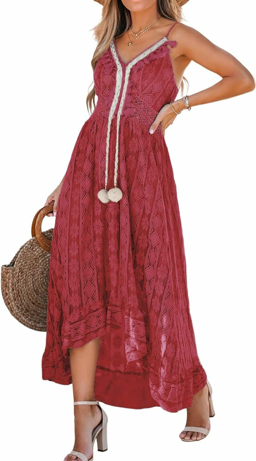 New CUPSHE Cupshe Women'S Lace Dresses Boho Tassel V-Neck Flare Ruffle Adjustable Straps Beach Summer Maxi Dress