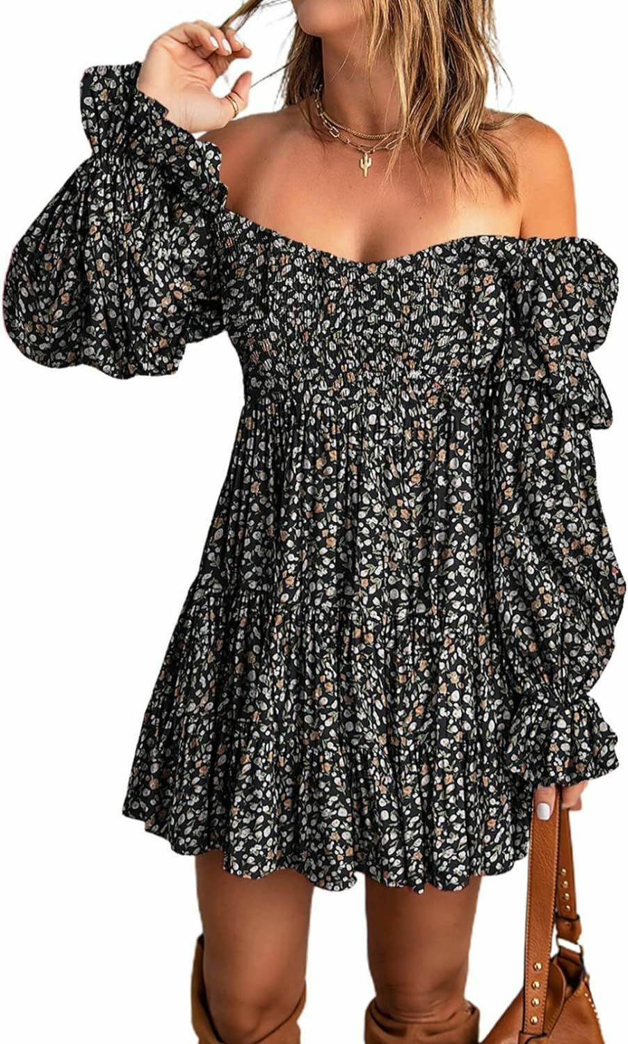 Hot Dokotoo Dokotoo Womens 2024 Summer Spring Elegant Off The Shoulder V Neck Long Sleeve Ruffle Flowy Mini Short Skater Dresses