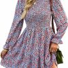 Hot KIRUNDO Kirundo Women Spring Summer Long Sleeve Floral Dress Casual Crewneck Smocked High Waist Ruffle A Line Flowy Mini Dresses