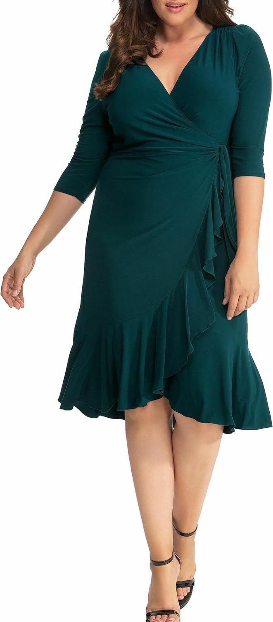 Clearance Kiyonna Kiyonna Plus Size Whimsy Ruffled Midi Wrap Dress With Sleeves | Cocktail, Party, Wedding Guest Or Work