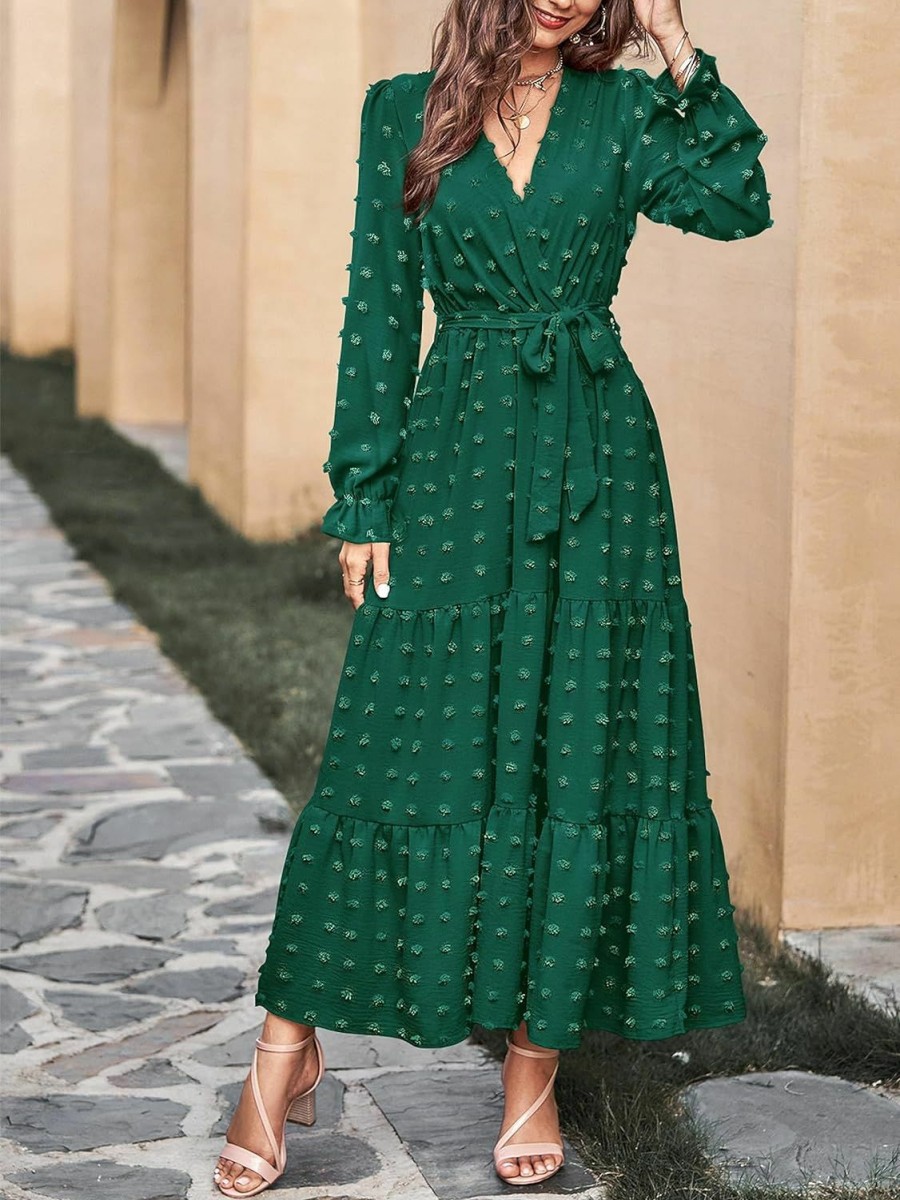 Clearance MASCOMODA Mascomoda Spring Dresses For Women 2024 Casual Swiss Dot V Neck Long Sleeve Maxi Dress Belted Long Flowy Wedding Guest Dress