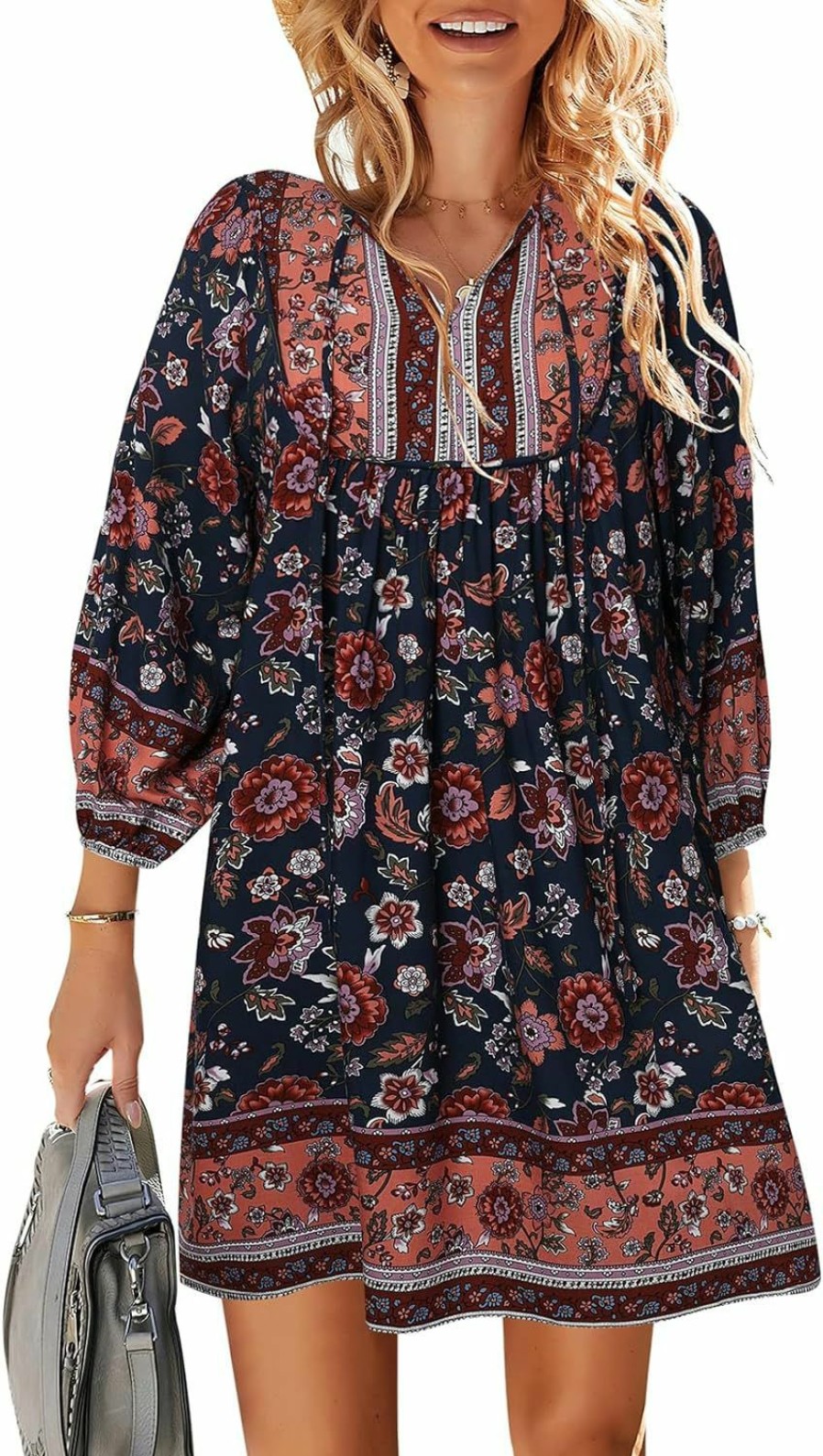 Clearance TEMOFON Temofon Women'S Boho Mini Dress: Summer Floral 3/4 Long Sleeve V Neck Flowy Loose Casual Beach Dresses