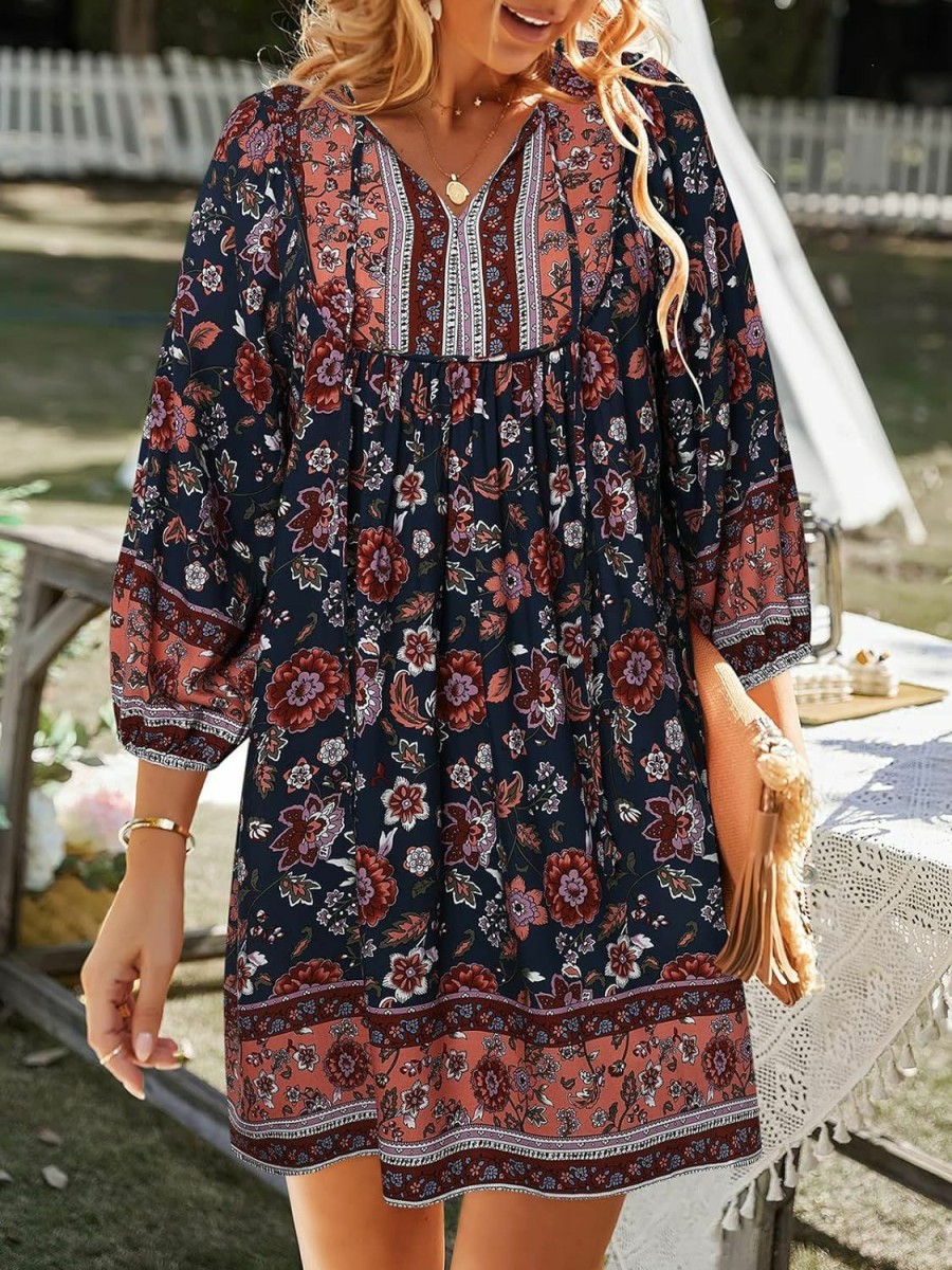 Clearance TEMOFON Temofon Women'S Boho Mini Dress: Summer Floral 3/4 Long Sleeve V Neck Flowy Loose Casual Beach Dresses