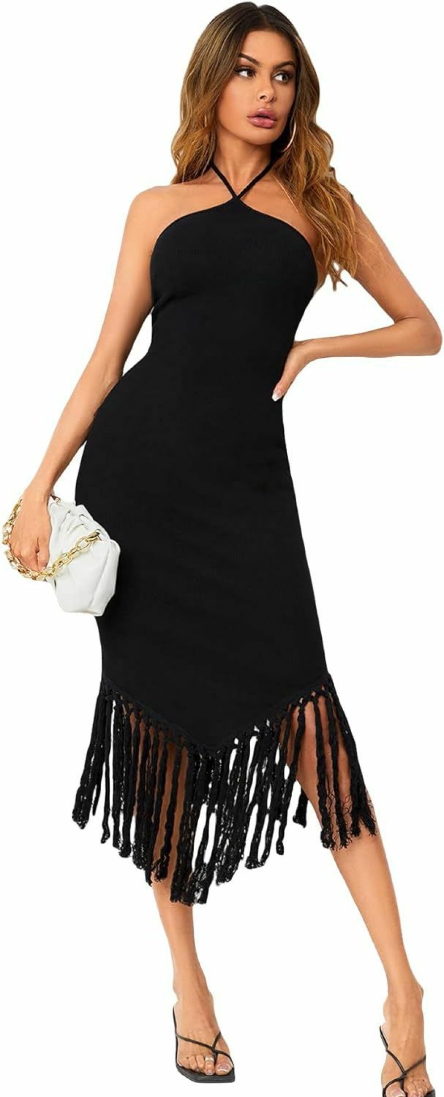 Clearance Floerns Floerns Women'S Asymmetrical Fringe Hem Sleeveless Bodycon Party Long Dress