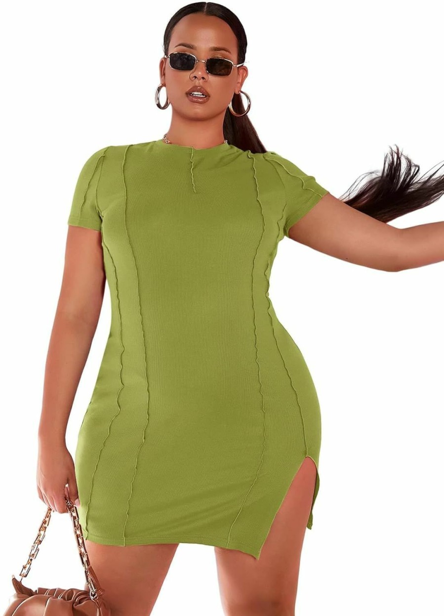 Hot Floerns Floerns Women'S Plus Size Short Sleeve Split Hem Party Bodycon Mini Dress