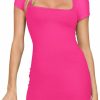 Best REORIA Reoria Womens Sexy Square Neck Bodycon Short Dress Elegant Short Sleeve Ribbed Party Club Mini Dress