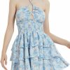 New Mebius Womens Floral Mini Dress Preppy Smocked Waist Halter Criss Cross Tiered Hem Backless A Line Short Ruffle Dresses