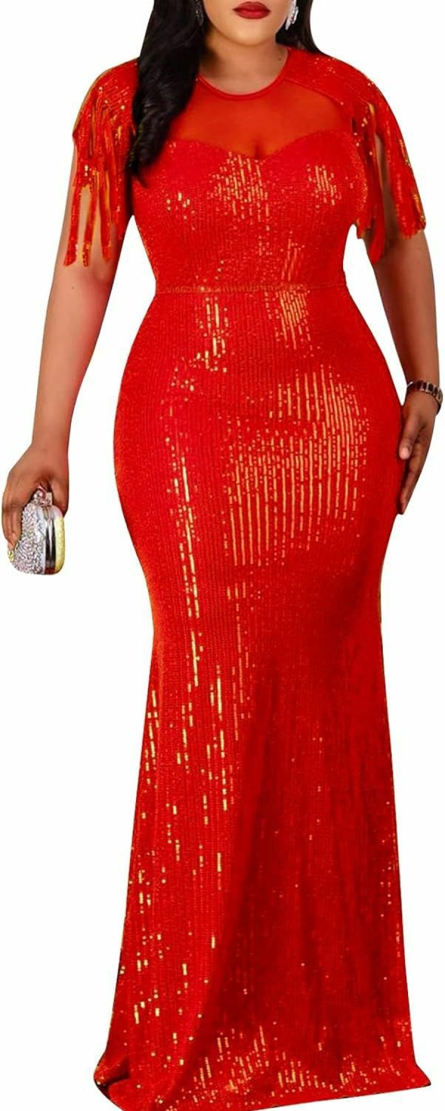 New Cololura Cololura Sexy Sequin Tassel Mesh Perspective Party Cocktail Bodycon Evening Club Maxi Dress