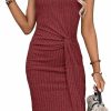 Best COZYEASE Cozyease Women'S Ribbed Knit Twist Front Tank Dress Solid Asymmetrical Hem High Waist Midi Dress