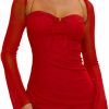 Hot XLLAIS Women Long Puff Sleeve Mini Bodycon Mesh Dress Split Hem Clubwear Party Dress