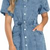 Clearance Fisoew Fisoew Womens Denim Mini Dress Button Down Casual Belted Puff Short Sleeve Jean Dress With Pockets