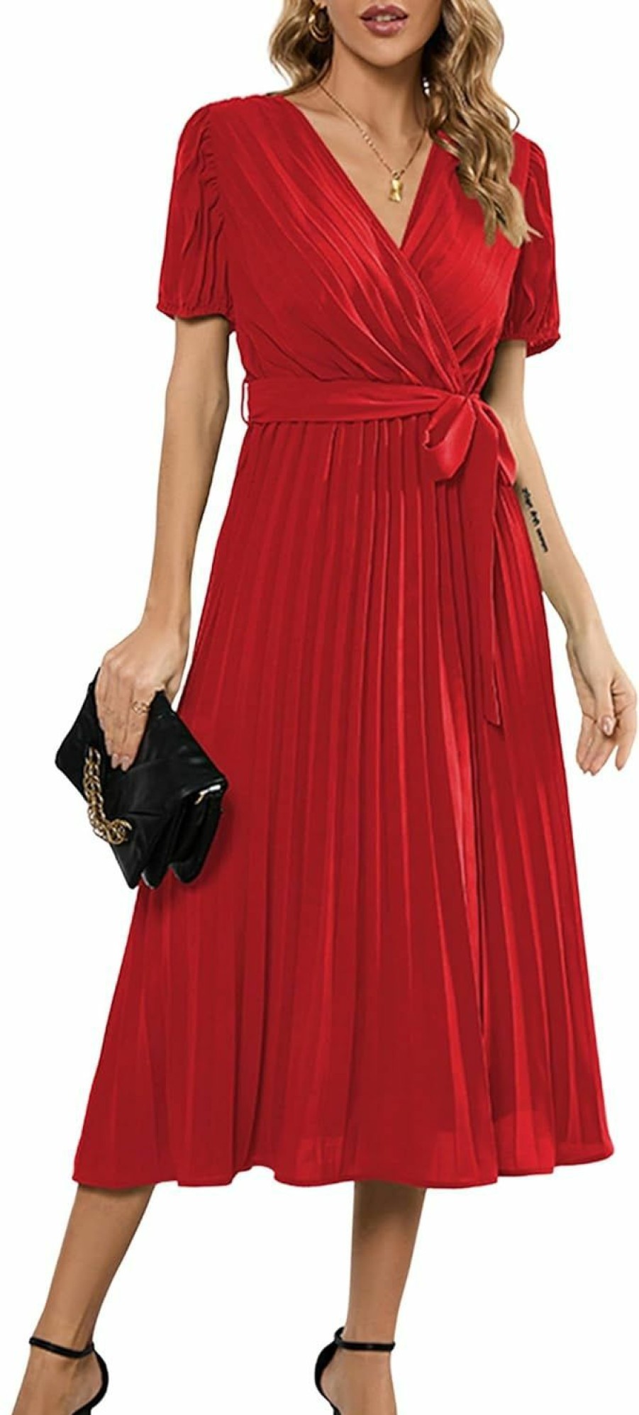 New Mansy Mansy Women'S Elegant Wrap V Neck Lantern Sleeve Bulted Pleated Flowy Maxi Long Dress