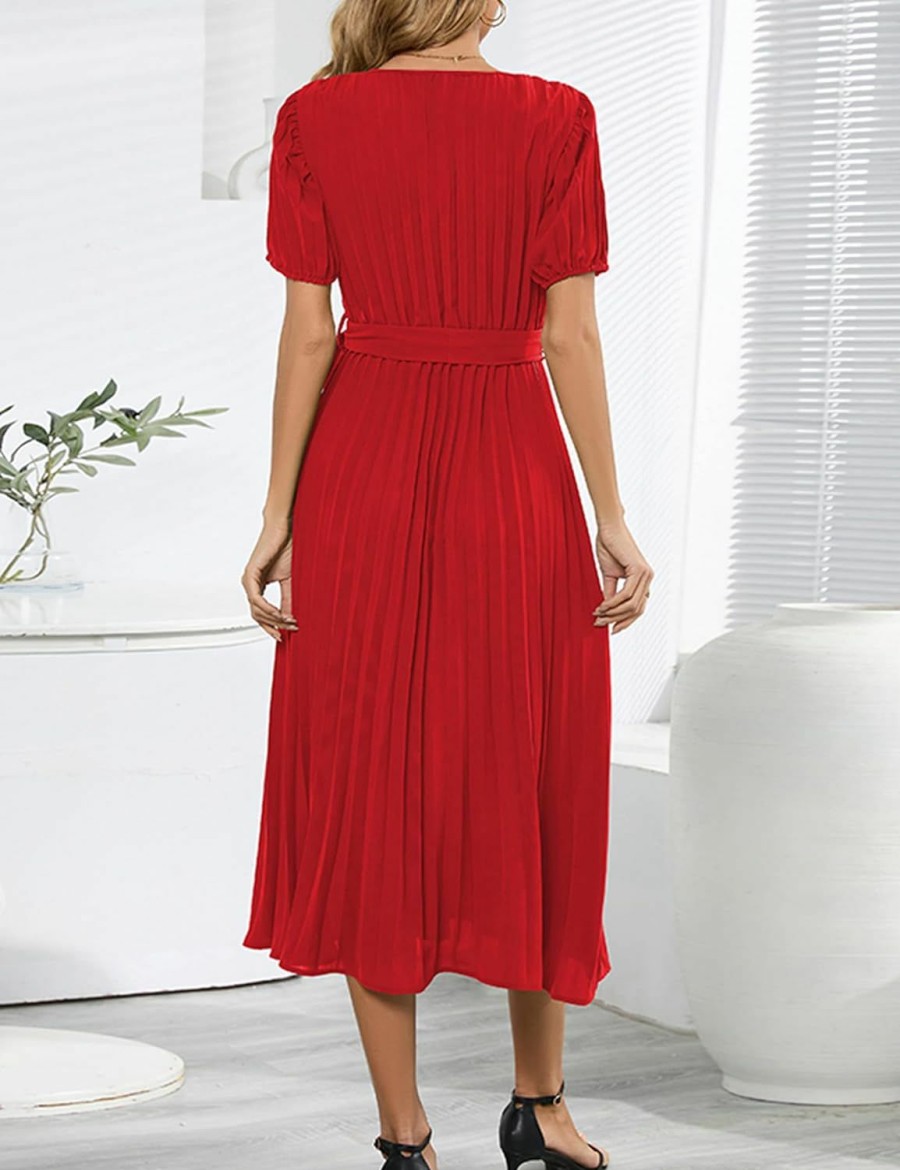 New Mansy Mansy Women'S Elegant Wrap V Neck Lantern Sleeve Bulted Pleated Flowy Maxi Long Dress