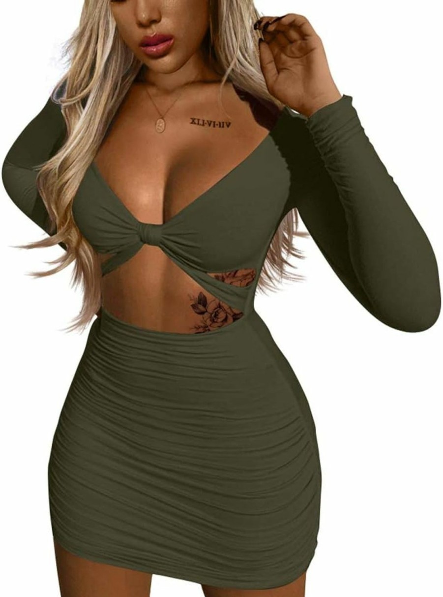 Hot XXTAXN Women'S Sexy Bodycon Deep V Neck Long Sleeve Cut Out Club Mini Dress