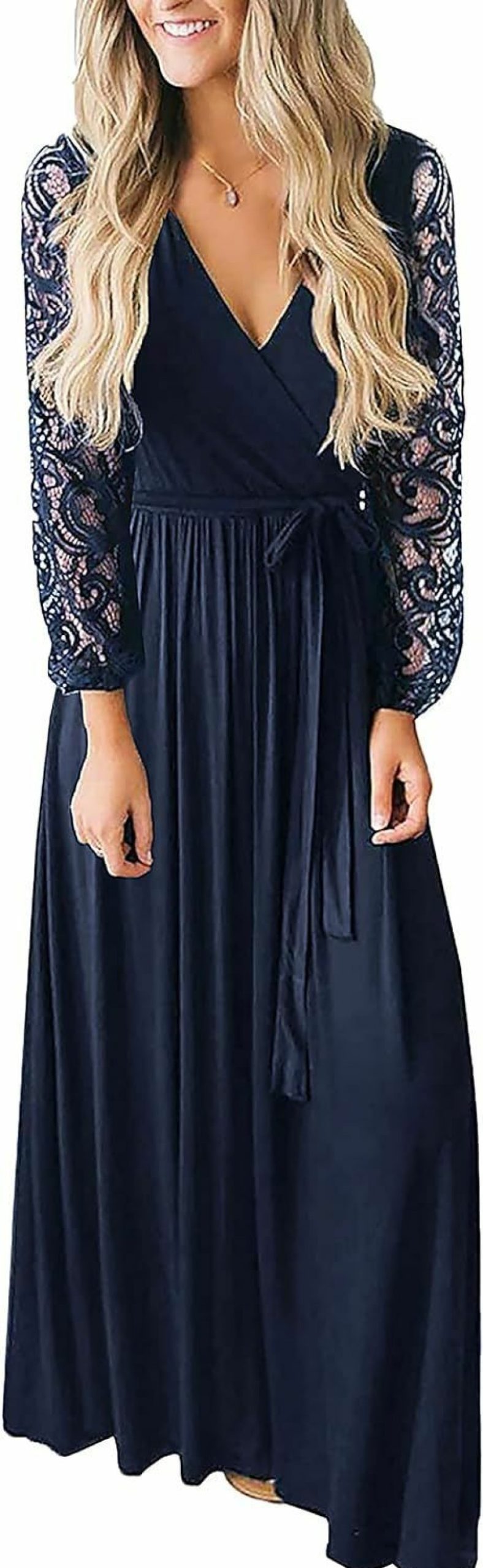 Best Kranda Kranda Womens Vintage Floral Lace Long Sleeve Faux Wrap V Neck Party Long Maxi Dress