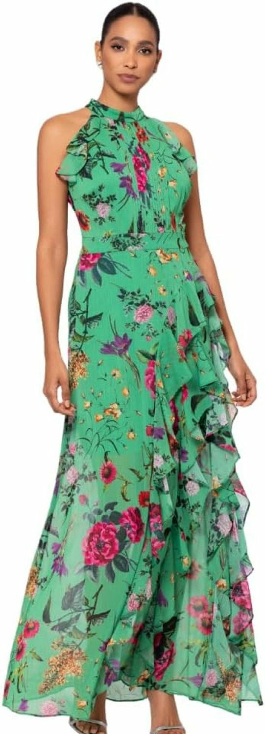 New Betsy & Adam Betsy & Adam Women'S Elegant Long Chiffon Floral Dress With Ruffle Detail And Tie Neck