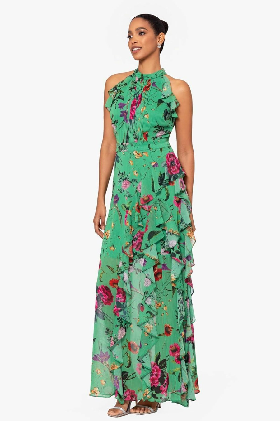 New Betsy & Adam Betsy & Adam Women'S Elegant Long Chiffon Floral Dress With Ruffle Detail And Tie Neck