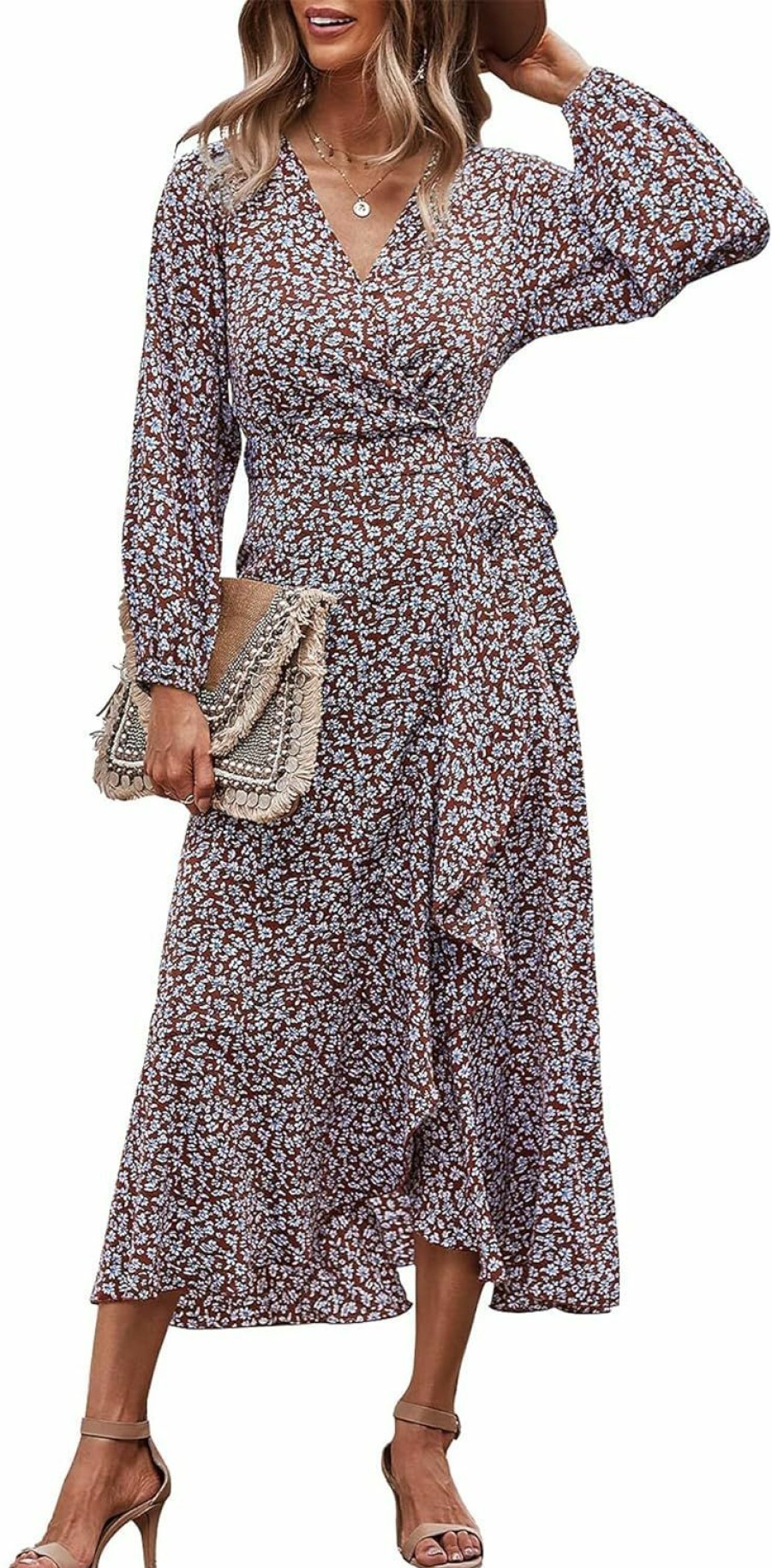 Wholesale PRETTYGARDEN Prettygarden Women'S Long Sleeve Vintage Flowy Dress Floral Print V-Neck Maxi Dresses With Belt