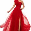 Clearance VIPGIRL Women'S Formal One Shoulder Ruffle Trim Tulle Long Prom Dress, Split Thigh Lace-Up Backless Evening Gown