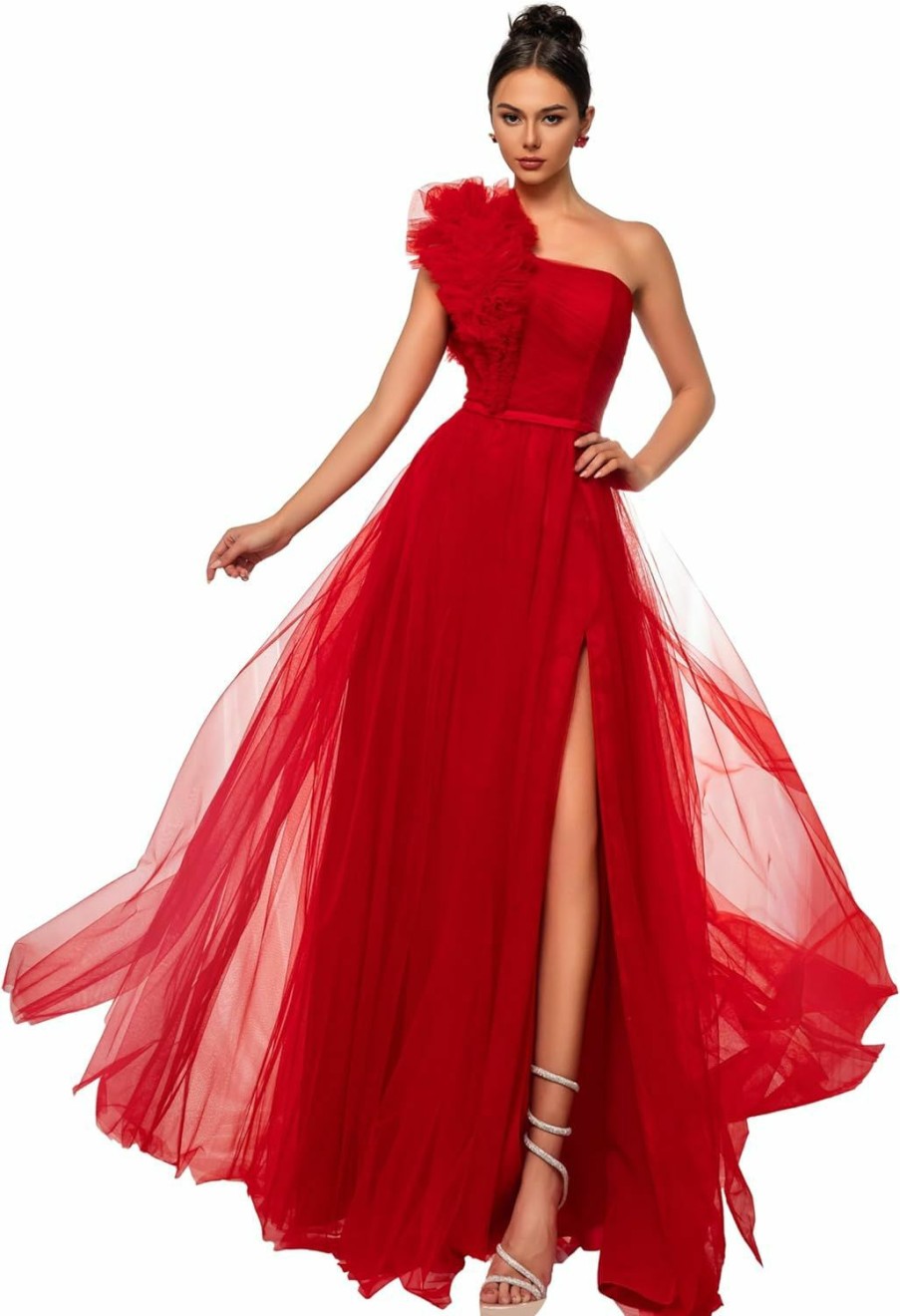 Clearance VIPGIRL Women'S Formal One Shoulder Ruffle Trim Tulle Long Prom Dress, Split Thigh Lace-Up Backless Evening Gown