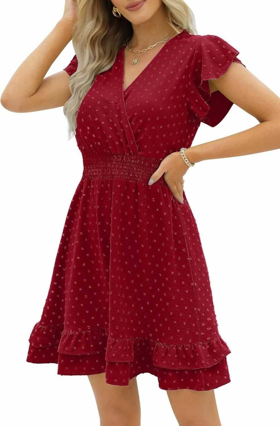 Wholesale SAMPEEL Sampeel Womens Summer Dresses Wrap V-Neck Ruffle Sleeve Swiss Dot Casual Mini Dress