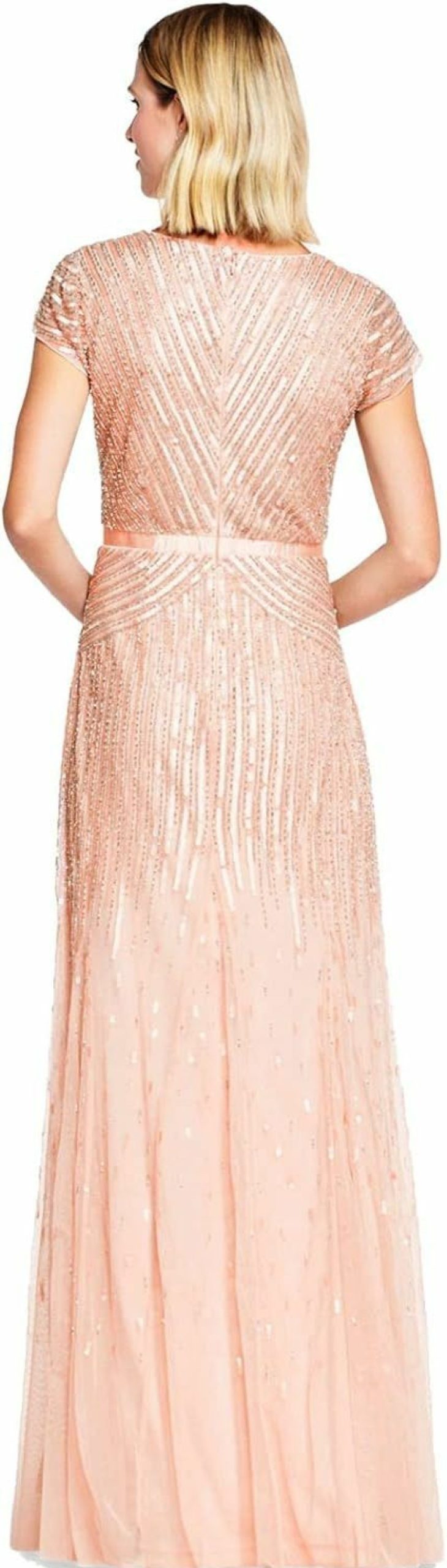 Best Adrianna Papell Adrianna Papell Women'S Long Beaded V-Neck Dress With Cap Sleeves And Waistband